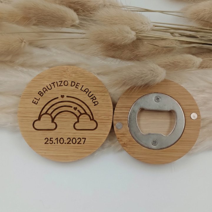 Abridor Abrebotellas Bambú con Imán Personalizado para Bautizos
